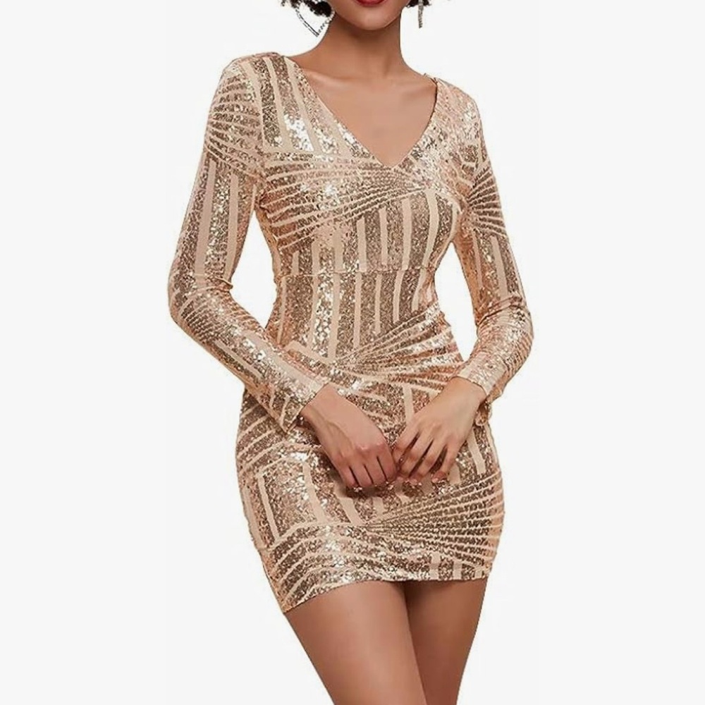Women's Gold Sequin Long Sleeve V-Neck Bodycon Dress